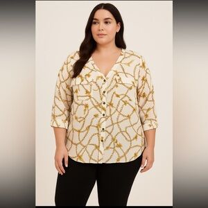 Flower & Feather Chain Print Blouse 2XL Button Front Long Sleeve Top